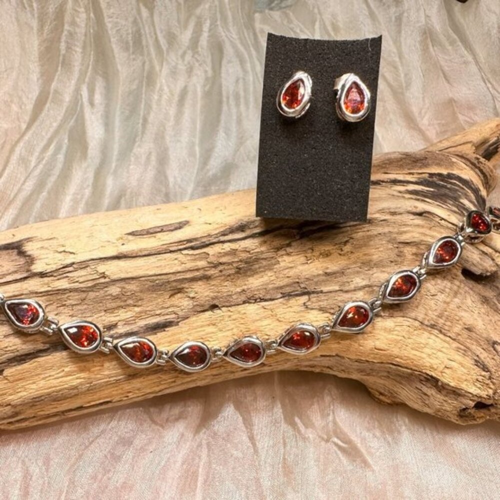 Faux Garnet and Silver Bracelet and Earring Set